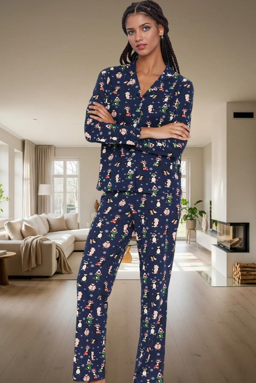 Kadın Kışlık Penguen Desenli %100 Pamuklu Pijama Takımı Rahat Kalıp Özel Tasarım Ve Şık