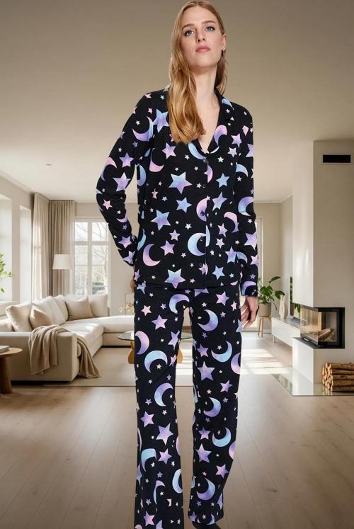 Kadın Uzun Kollu %100 Pamuklu Pijama Takımı Galaksi Desenli Rahat Konforlu Kesim