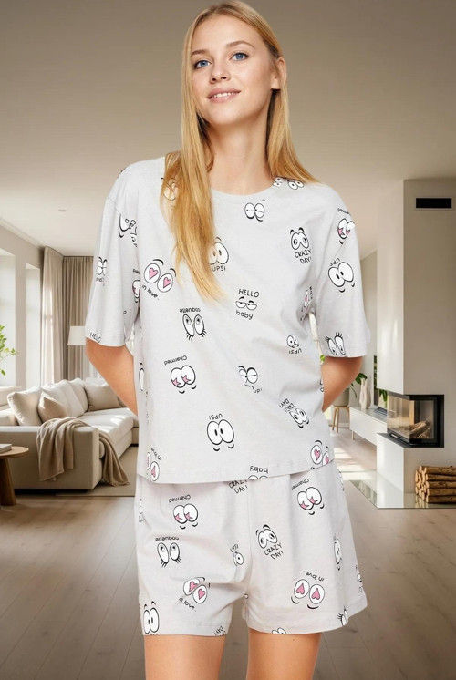 Kadın Pamuklu Desenli Kısa Kollu Pijama Takımı Rahat Ev Giyim Yazlık Seçkin Malzeme