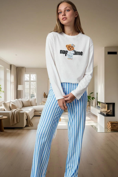 Kadın Pamuklu Uzun Kollu Çizgili Pijama Takımı Rahat Ev Giyim Seti Modern Stil Kullanım