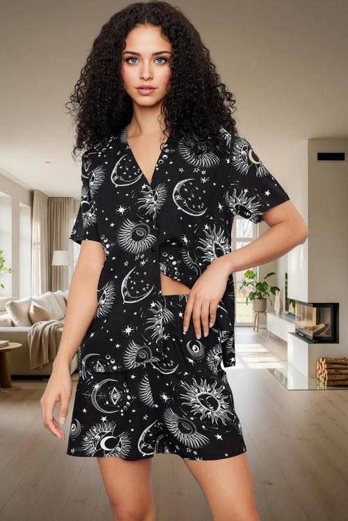 Kadın Galaksi Desenli Viskon Pijama Takımı Rahat Yazlık Ev Giyim Premium Kalite