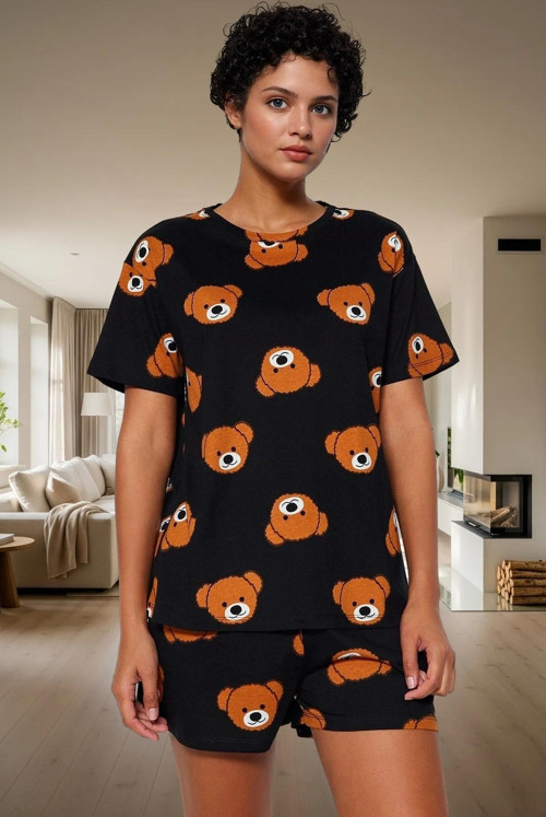 Kadın Ayıcıklı Pamuklu Kısa Kollu Pijama Takımı Dayanıklı Malzeme Trend Tasarım