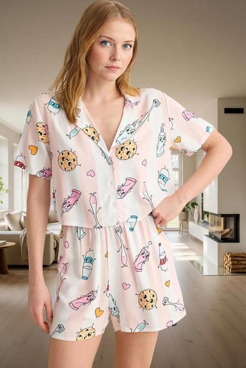 Kadın Yazlık Viskoz Pijama Takımı Şortlu Baskılı Rahat Ev Giyim Seti Konforlu Kesim