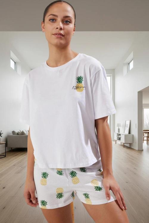 Kadın Yazlık Kısa Kollu Pamuklu Pijama Takımı Ananas Desenli Rahat Yüksek Kalite