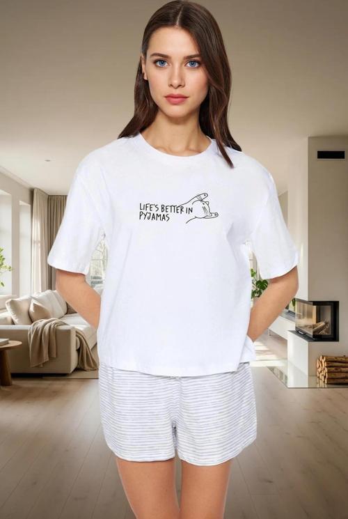 Kadın Yazlık Pamuklu Çizgili Pijama Takımı Rahat Kalıp Renk Ve Şık Dayanıklı Malzeme