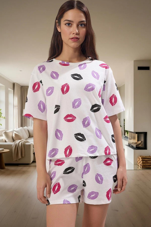 Kadın Dudak Desenli Pamuklu Kısa Kollu Pijama Takımı Rahat Ev Giyim Yaz Modern Stil Kaliteli İşçilik