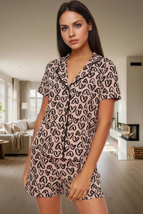Kadın Pamuklu Kalp Desenli Kısa Kol Pijama Takımı Rahat Ev Giyim Seti Premium Kalite Seçkin Malzeme