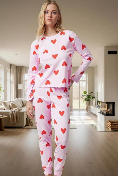 Kadın Kalpli Desenli Pamuklu Pijama Takımı Kış Mevsimi İçin Rahat Uyku Konforlu Kesim