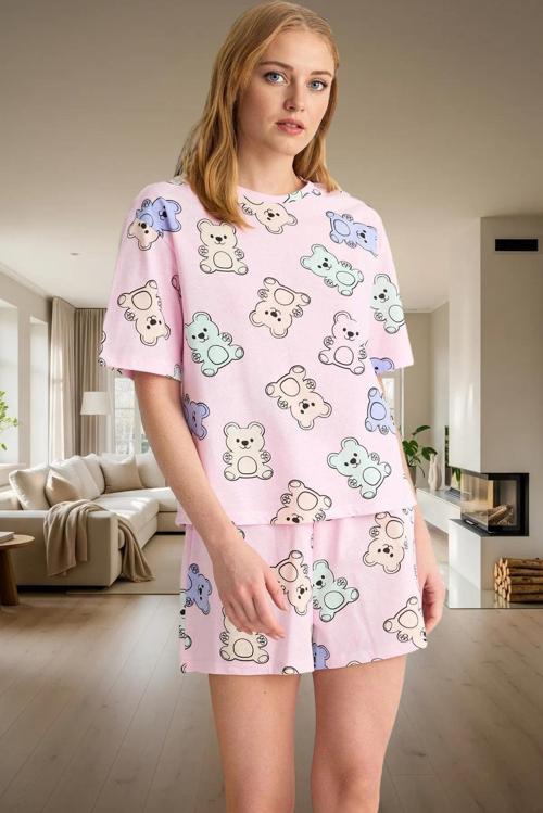 Kadın Ayıcıklı Pamuklu Pijama Takımı Renk Rahat Kalıp Yazlık Trend Tasarım Profesyonel Görünüm