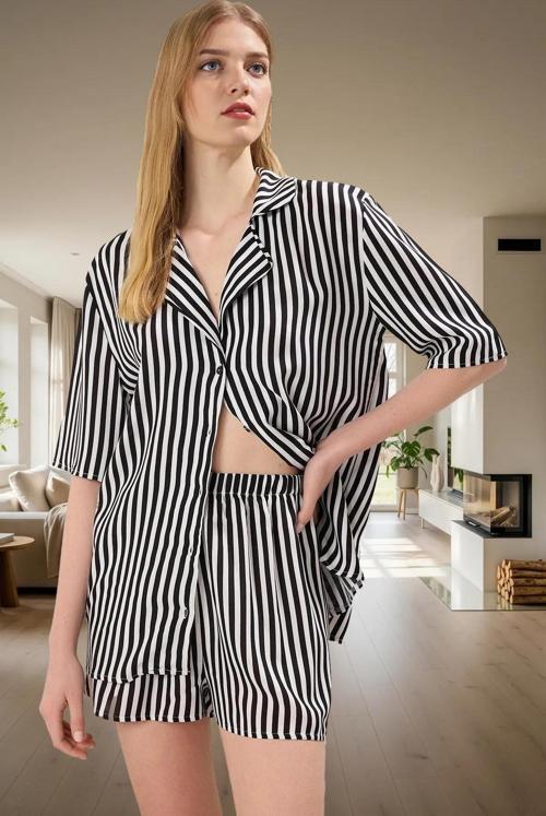 Kadın Şık Çizgili Viskon Pijama Takımı Rahat Ev Giyim Seti Görünüm Konforlu Kesim