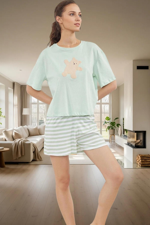 Kadın Çizgili Pamuklu Pijama Takımı Ayıcık Baskılı Rahat Yazlık Premium Kalite Kullanım