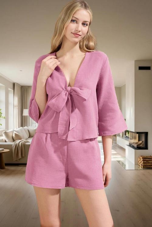 Kadın Pamuklu Müslin Pijama Takımı Şal Yaka Truvakar Kol Geniş Paça Profesyonel Görünüm