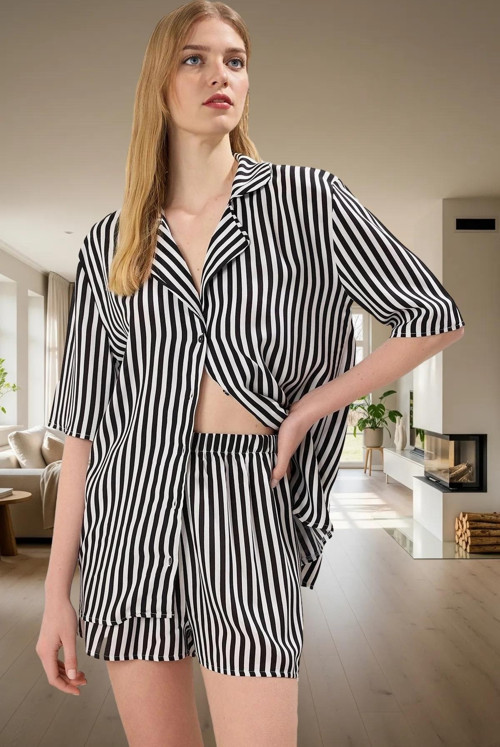 Kadın Şık Çizgili Viskon Pijama Takımı Rahat Ev Giyim Seti Görünüm Konforlu Kesim