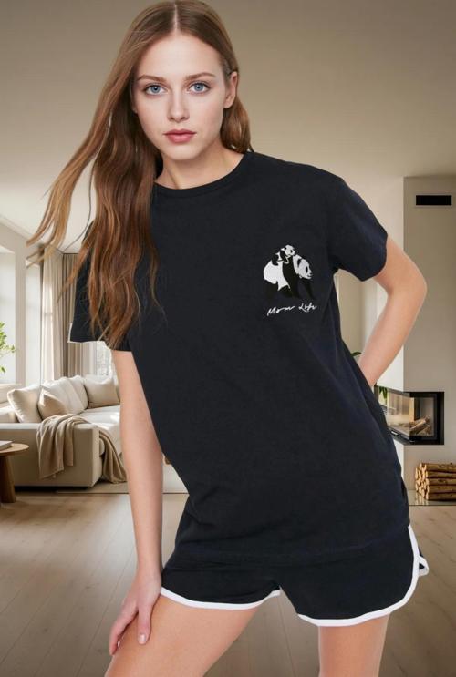 Kadın Panda Baskılı Pamuklu Kısa Kollu Pijama Takımı Rahat Yazlık Homewear Mükemmel Uyum