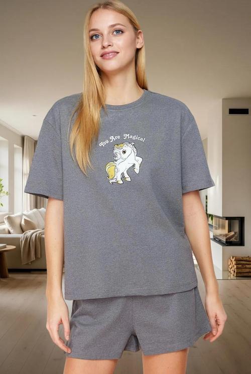 Kadın Melanj Baskılı Pijama Takımı Regular Kalıp Kısa Kollu Yazlık Günlük Kullanım İçin Yüksek Kalit