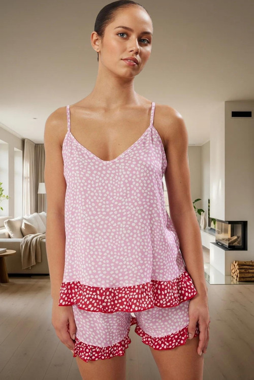 Kadın Viskon Şortlu Pijama Takımı Puantiyeli Desen V Yaka Regular Kalıp Yazlık Özenle Seçilmiş