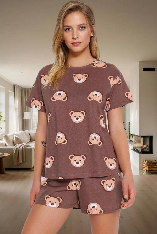 Kadın Ayıcıklı Pamuklu Kısa Kollu Pijama Takımı Dayanıklı Malzeme Trend Tasarım