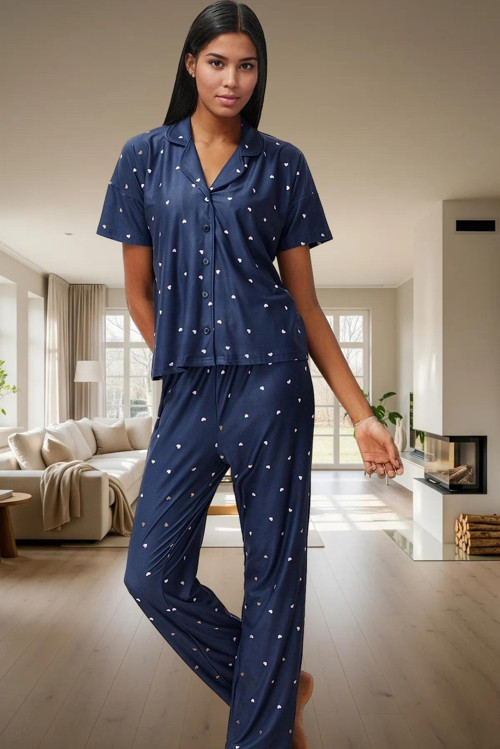 Kadın Kalpli Örme Pijama Takımı Rahat Şık Kısa Kollu Regular Kalıp Premium Kalite Seçkin Malzeme