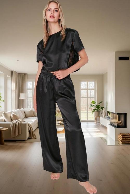 Kadın Dantelli Saten Pijama Takımı Rahat Ev Giyim Seti Özel Tasarım
