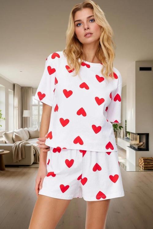 Kadın Kalpli Desenli Pamuklu Pijama Takımı Rahat Ev Giyim Seti Şık Görünüm Yüksek Kalite