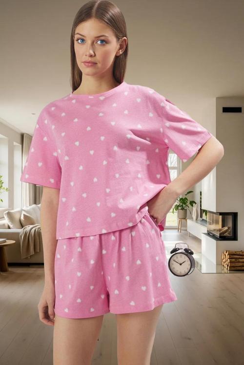 Kadın Kalpli Desenli Pamuklu Pijama Takımı Rahat Ev Giyim Seti Şık Görünüm Yüksek Kalite