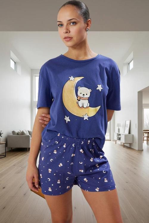 Kadın Ayıcıklı Desenli Pamuklu Kısa Kollu Pijama Takımı Trend Tasarım Rahat Kullanım Modern Stil