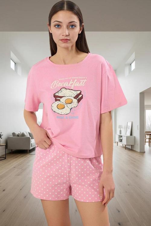 Kadın Puantiyeli Pamuklu Kısa Kollu Pijama Takımı Dayanıklı Malzeme Zarif Tasarım