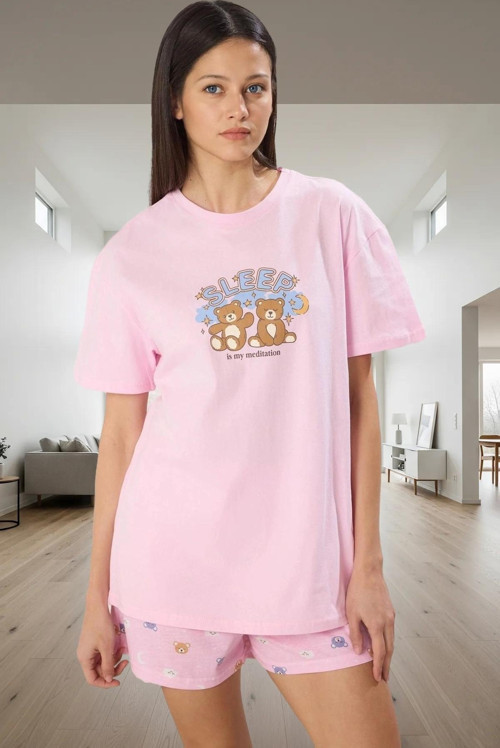 Kadın Ayıcık Desenli Pamuklu Pijama Takımı Rahat Uyku Keyfi İçin Premium Kalite Seçkin Malzeme