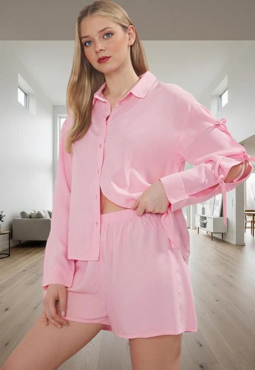 Kadın Viskon Pijama Takımı Bağlamalı Şortlu Rahat Homewear Uzun Ömürlü Zarif Tasarım