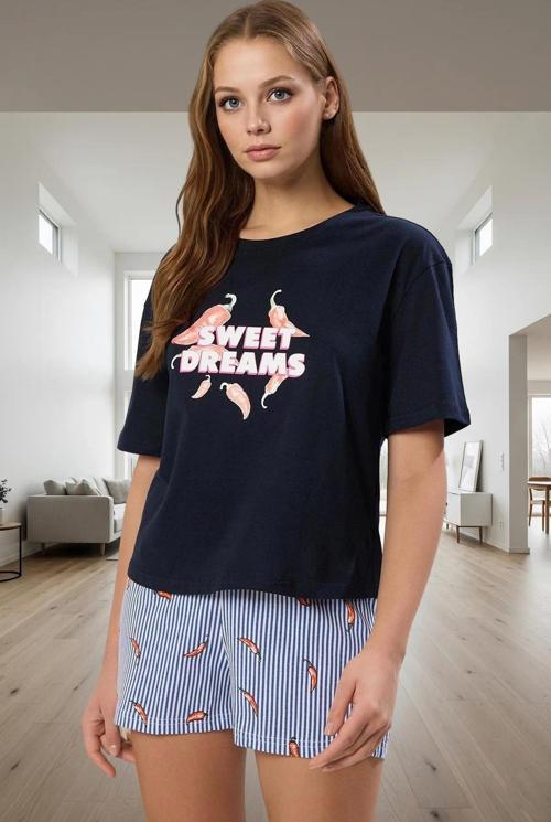 Kadın Kısa Kollu Bisiklet Yaka Pamuklu Pijama Takımı Yazlık Rahat Homewear Seçkin Malzeme