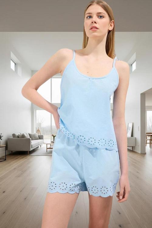 Kadın Yazlık %100 Pamuklu Pijama Takımı İnce Askılı Havuz Yaka Atlet ve Şort Yüksek Kalite