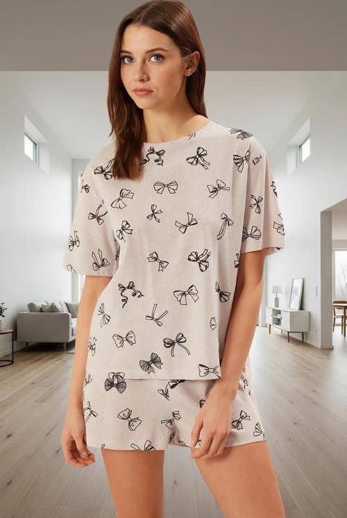 Kadın Kurdele Desenli Pamuklu Pijama Takımı Rahat Şık Yazlık Premium Kalite Modern Stil