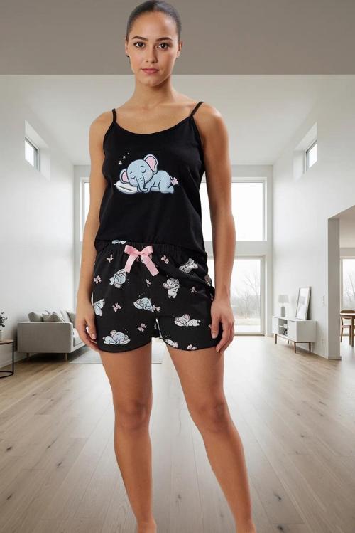 Kadın Yazlık Pamuklu Pijama Takımı Fil Desenli Regular Kalıp Profesyonel Görünüm Zarif Tasarım