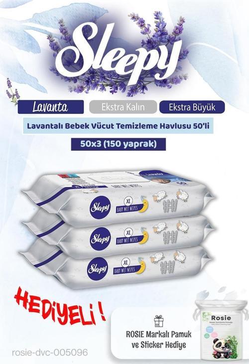 3 'lü Sleepy Lavantalı Bebek Vücut Temizleme Mendili 50'li ve Rosie Pamuk