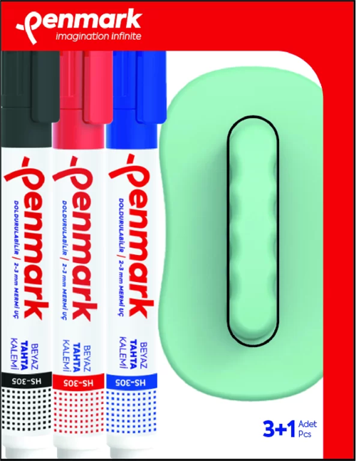 HS-305-TK-3S BEYAZ TAHTA KALEMİ SİLGİ HEDİYELİ 3 RENK BLİSTER