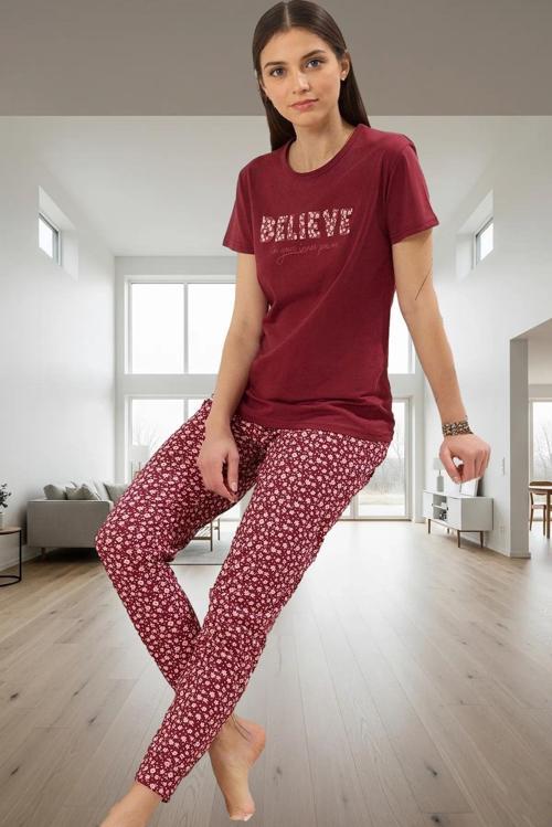 Kadın Kısa Kollu Bisiklet Yaka Pamuklu Pijama Takımı Çiçekli Desenli Şık Görünüm Dayanıklı Malzeme
