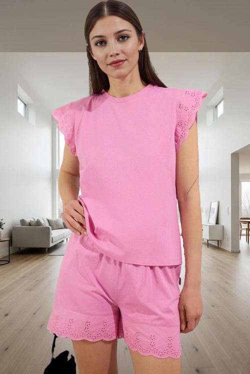 Kadın Pamuklu Brodeli Pijama Takımı Yazlık Regular Kalıp Trend Tasarım Rahat Kullanım