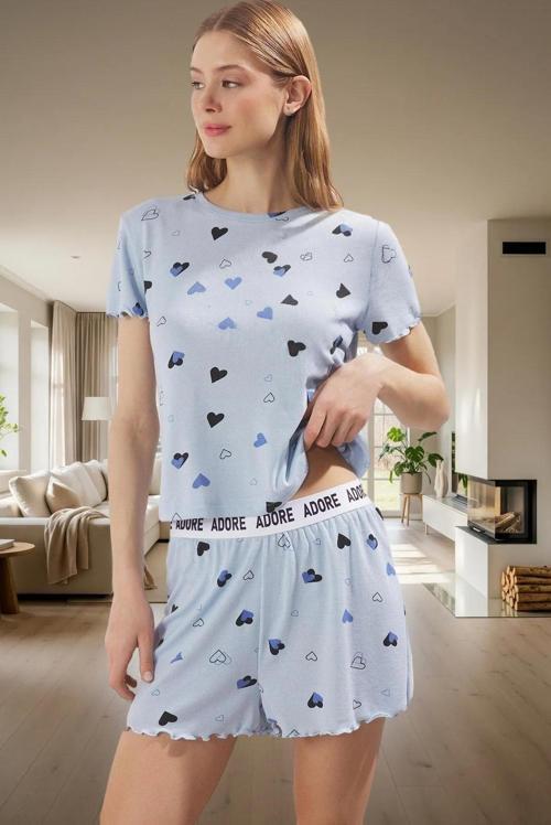Kadın Kalpli Pijama Takımı Kısa Kollu Regular Kalıp Yazlık Rahat Özenle Seçilmiş