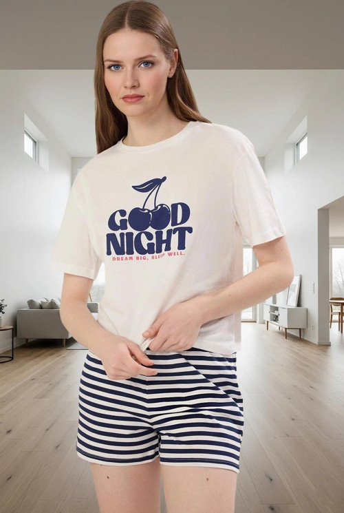Kadın Yazlık %100 Pamuklu Kiraz Baskılı Pijama Takımı Rahat Kalıp Özel Tasarım Dayanıklı Malzeme