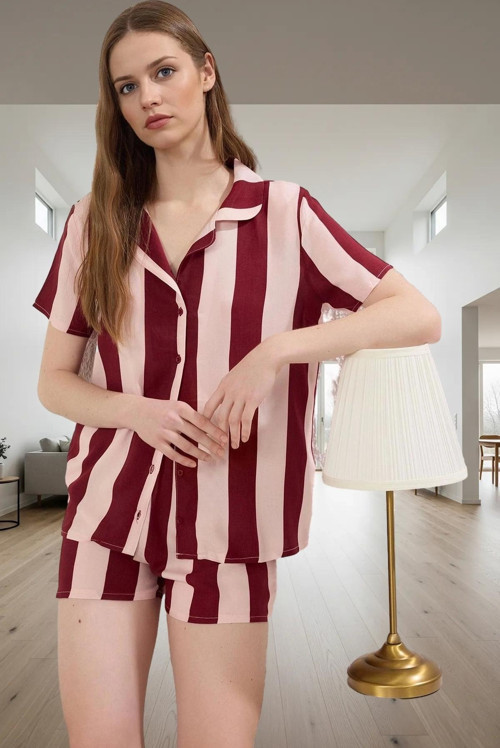 Kadın Şık Çizgili Viskoz Pijama Takımı Rahat Yazlık Tasarım Dayanıklı Malzeme Kaliteli İşçilik