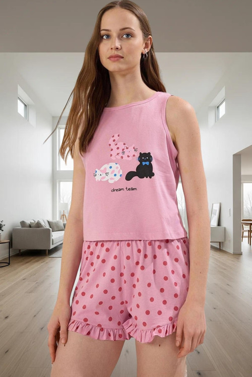 Kadın Yazlık Pamuklu Puantiyeli Kedili Pijama Takımı Premium Kalite Özenle Seçilmiş Özel Tasarım