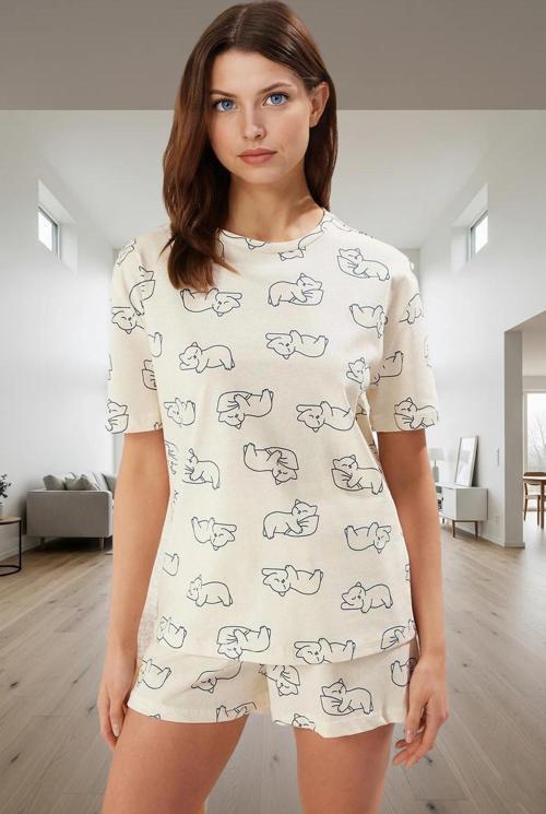 Kadın Kedili Pamuklu Kısa Kollu Pijama Takımı Profesyonel Görünüm Özenle Seçilmiş Modern Stil