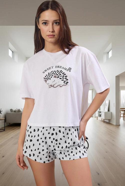 Kadın Kısa Kollu Bisiklet Yaka Pamuklu Pijama Takımı Konforlu Kesim Yüksek Kalite