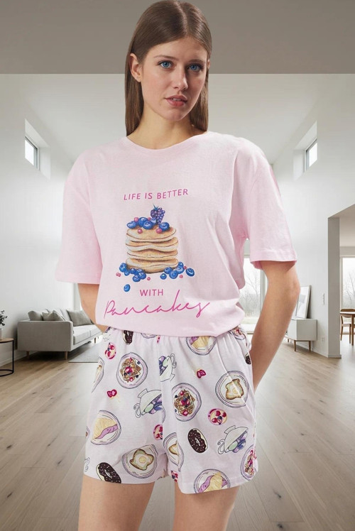 Kadın Kısa Kollu Bisiklet Yaka Pamuklu Pijama Takımı Şık Görünüm Mükemmel Uyum Modern Stil