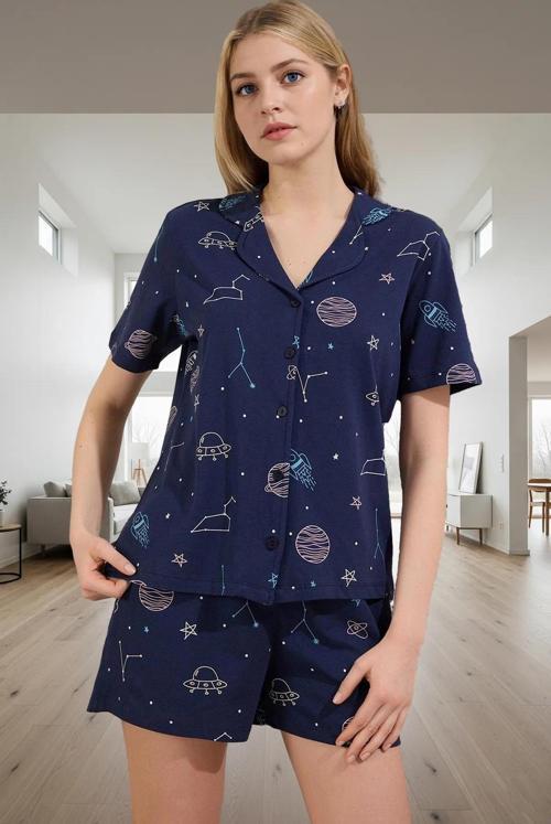 Kadın Pamuklu Galaksi Desenli Kısa Kollu Pijama Takımı Rahat Ev Giyim Seti Mükemmel Uyum