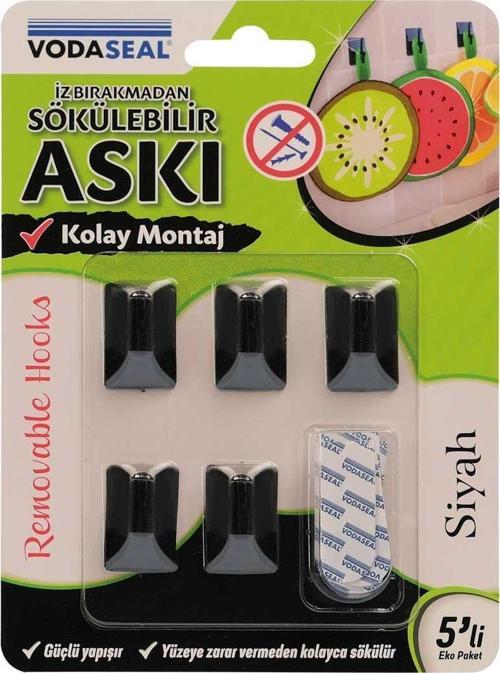 VodaSeal İz Bırakmadan Sökülebilir Küçük Askı - 5 Parça - Siyah