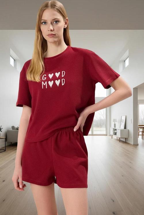 Kadın Waffle Pijama Takımı Good Mood Desenli Kısa Kol Mükemmel Uyum Şık Görünüm Özel Tasarım