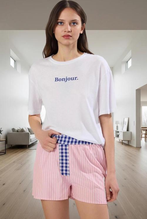 Kadın Pamuklu Çizgili Pijama Takımı Rahat Yazlık Şortlu Uzun Ömürlü Dayanıklı Malzeme Yüksek Kalite