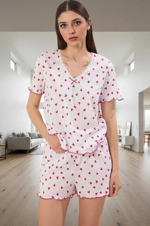Kadın Kısa Kollu Pamuklu Pijama Takımı Kalpli Desenli Rahat Ev Giyim Profesyonel Görünüm