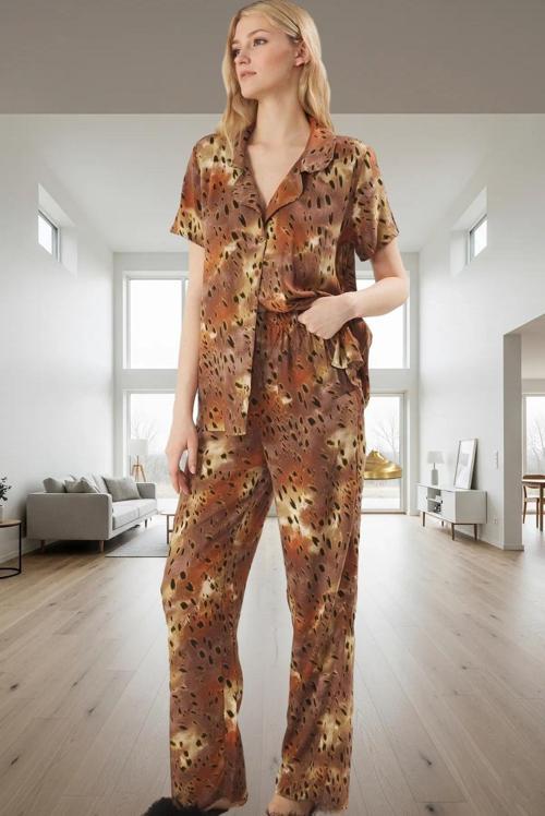 Kadın Şık Leopar Desenli Viskon Pijama Takımı Rahat Ev Giyim Seti Ve Trend Tasarım Yüksek Kalite